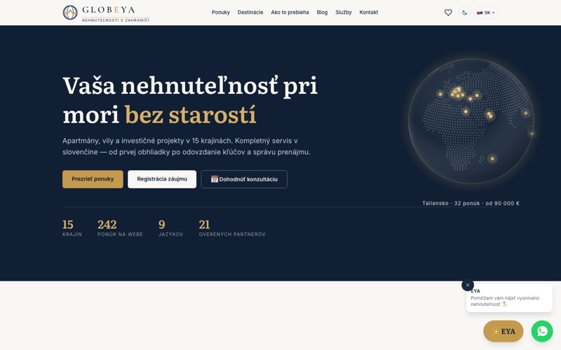 Úvodná stránka webu globeya.com